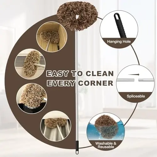 Heonay Shift Shift Tozalash Duster Qayta Foydalanish Mumkin Bo'lgan Mikro Fiber Shift Shift Pichoqlari Tozalovchi Olinadigan Duster Uzaytma Ustuni Bilan 13 Dan 49.7 Dyumgacha Devorlarni Tozalash Mebel Eshik Oyna Ustki (Bej Jigarrang) - 3