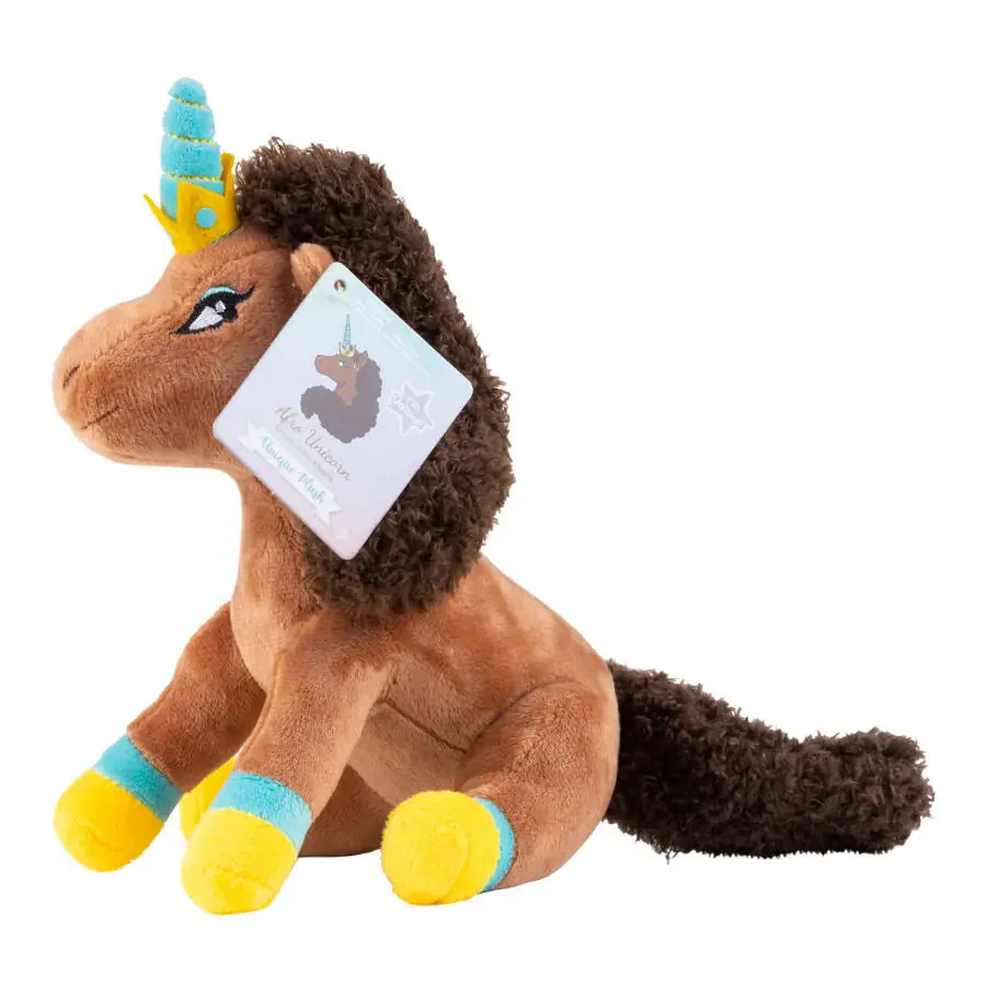 Afro Unicorn Plush Animal for Any Age in Brown with Soft Gold and Blue Trim - 2