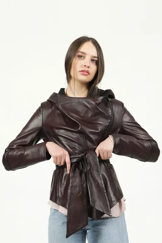 Hera Kadın Çapraz Fermuar Kuşaklı Hakiki Deri Mont Bordo-BORDO - 3