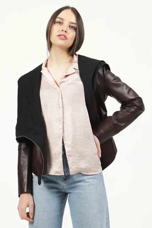 Hera Kadın Çapraz Fermuar Kuşaklı Hakiki Deri Mont Bordo-BORDO - DERICLUB