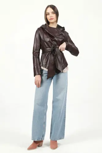 Hera Kadın Çapraz Fermuar Kuşaklı Hakiki Deri Mont Bordo-BORDO - 4