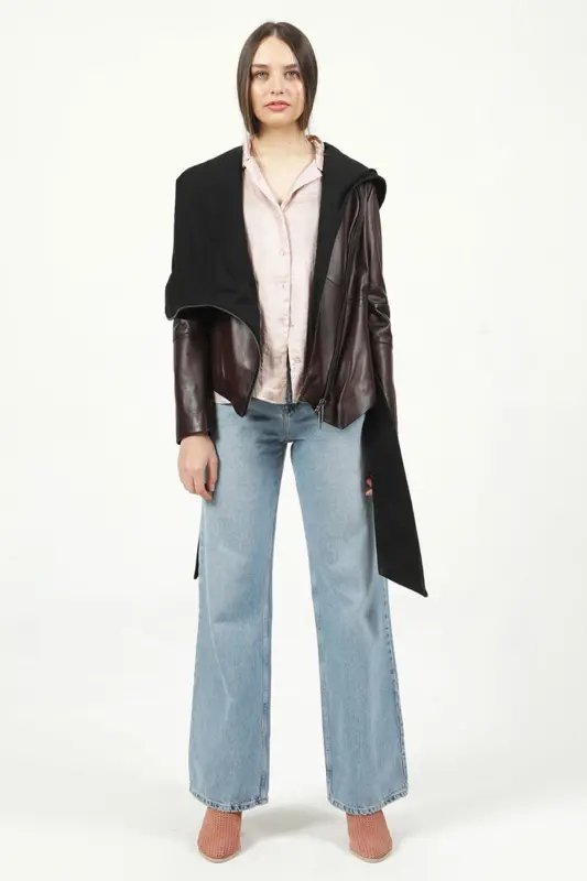 Hera Women's Cross Zipper Belted Genuine Leather Jacket Burgundy - BURGUNDY - 2