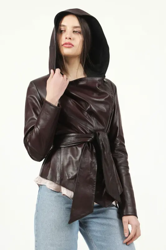 Hera Women's Cross Zipper Belted Genuine Leather Jacket Burgundy - BURGUNDY - 5