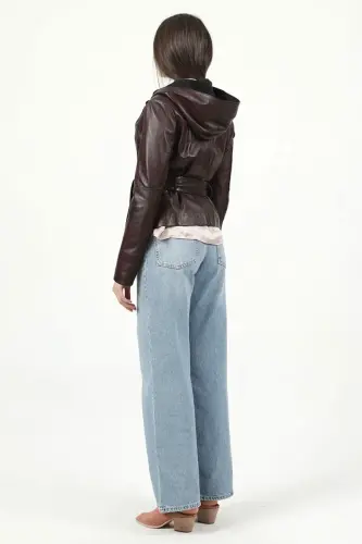 Hera Women's Cross Zipper Belted Genuine Leather Jacket Burgundy - BURGUNDY - 6