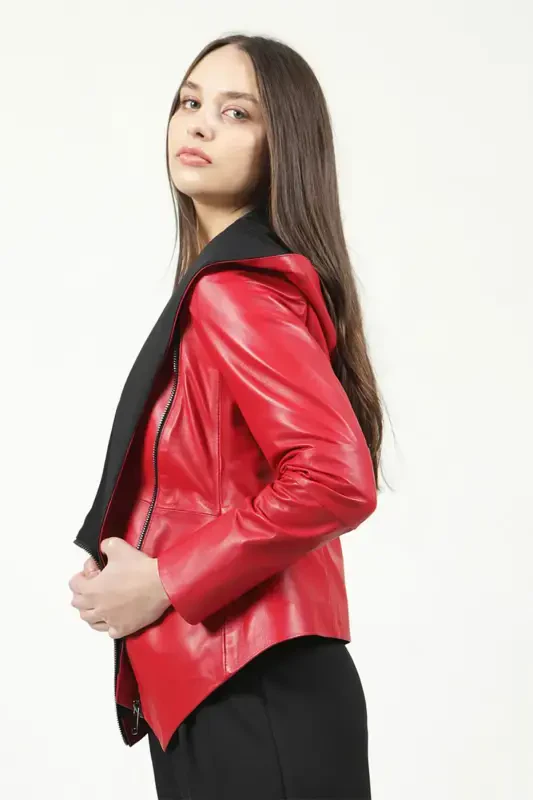 Hera Women's Cross Zipper Belted Genuine Leather Jacket F.red-F.RED - 1