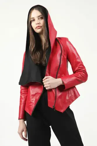 Hera Women's Cross Zipper Belted Genuine Leather Jacket F.red-F.RED - DERICLUB (1)