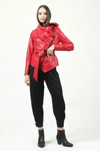 Hera Women's Cross Zipper Belted Genuine Leather Jacket F.red-F.RED - 3