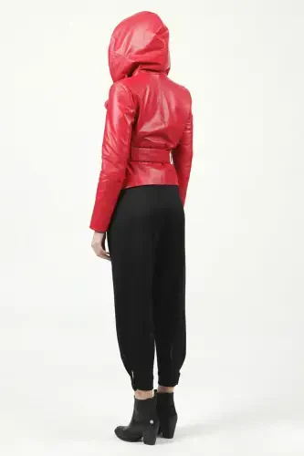 Hera Women's Cross Zipper Belted Genuine Leather Jacket F.red-F.RED - 4