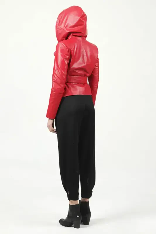 Hera Women's Cross Zipper Belted Genuine Leather Jacket F.red-F.RED - 4