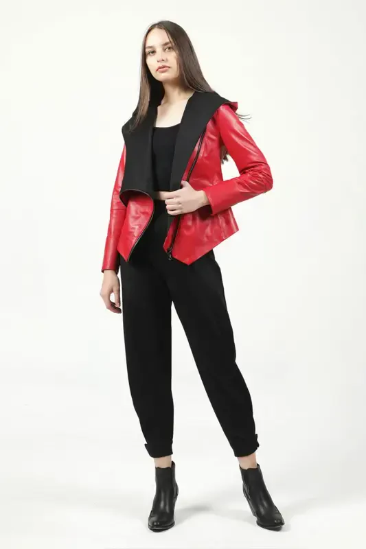 Hera Women's Cross Zipper Belted Genuine Leather Jacket F.red-F.RED - 7