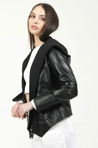 Hera Women's Plus Size Real Leather Jacket with Cross Zipper Belt Black - DERICLUB (1)