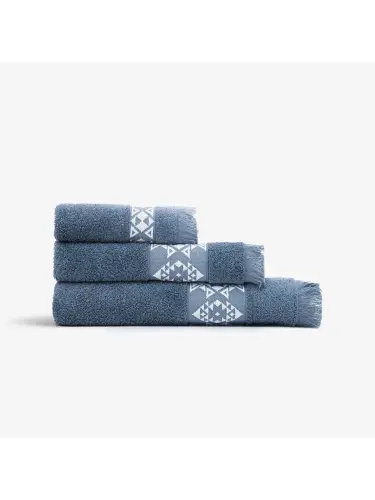 Hereke 3-Piece Towel Set 100% Cotton Jacquard Blue-Blue - 1