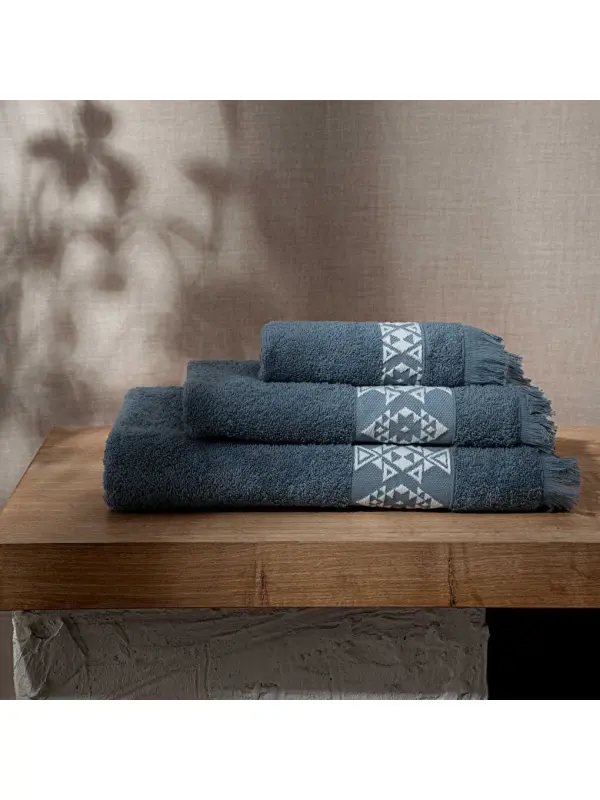 Hereke 3-Piece Towel Set 100% Cotton Jacquard Blue-Blue - 3