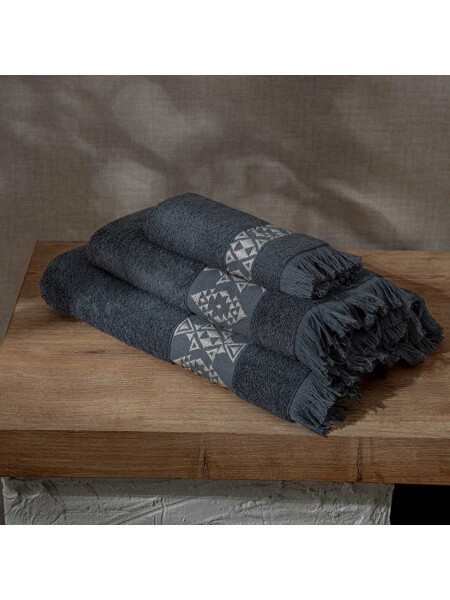 Hereke 3'lü Havlu Seti %100 Pamuk Jakarlı Antrasit-Antrasit - 3