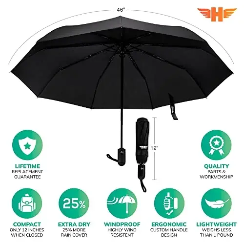 HERO Windproof Travel Umbrella – Premium Auto Open/Close, Lightweight, Compact, Portable Umbrella with 2-Person Coverage for Travel – Fits Easily in a Purse or Backpack - 1