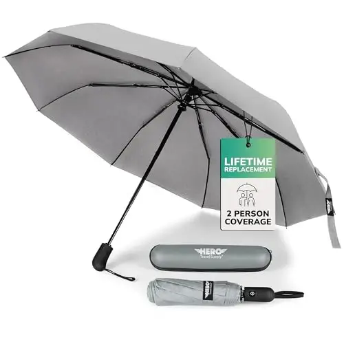 HERO Windproof Travel Umbrella – Premium Auto Open/Close, Lightweight, Compact, Portable Umbrella with 2-Person Coverage for Travel – Fits Easily in a Purse or Backpack 