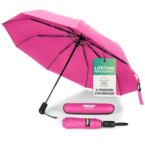 HERO Windproof Travel Umbrella – Premium Auto Open/Close, Lightweight, Compact, Portable Umbrella with 2-Person Coverage for Travel – Fits Easily in a Purse or Backpack 