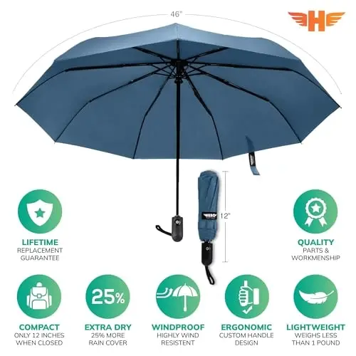 HERO Windproof Travel Umbrella – Premium Auto Open/Close, Lightweight, Compact, Portable Umbrella with 2-Person Coverage for Travel – Fits Easily in a Purse or Backpack - 3
