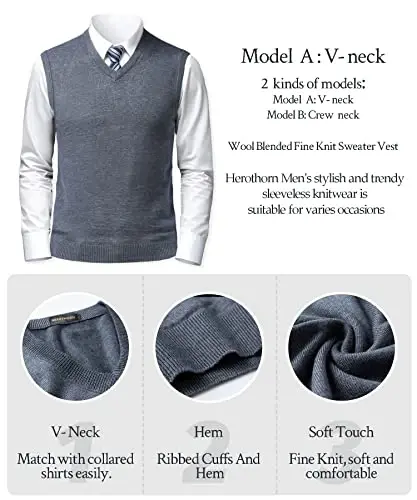 Herothorn Mens Soft V Neck Crew Neck Knitted Sweater Vest Solid Sleeveless Pullover Slim Fit Plain Color for Dad Husband - 5