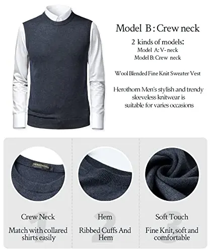 Herothorn Mens Soft V Neck Crew Neck Knitted Sweater Vest Solid Sleeveless Pullover Slim Fit Plain Color for Dad Husband - 5
