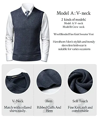 Herothorn Mens Soft V Neck Crew Neck Knitted Sweater Vest Solid Sleeveless Pullover Slim Fit Plain Color for Dad Husband - 5