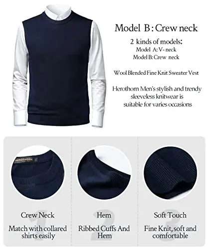 Herothorn Mens Soft V Neck Crew Neck Knitted Sweater Vest Solid Sleeveless Pullover Slim Fit Plain Color for Dad Husband - 5