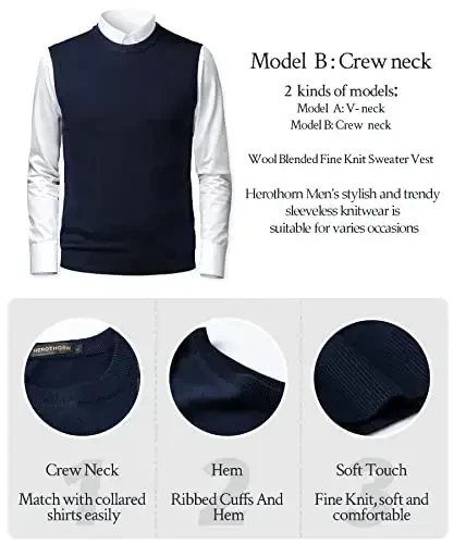 Herothorn Mens Soft V Neck Crew Neck Knitted Sweater Vest Solid Sleeveless Pullover Slim Fit Plain Color for Dad Husband - 5