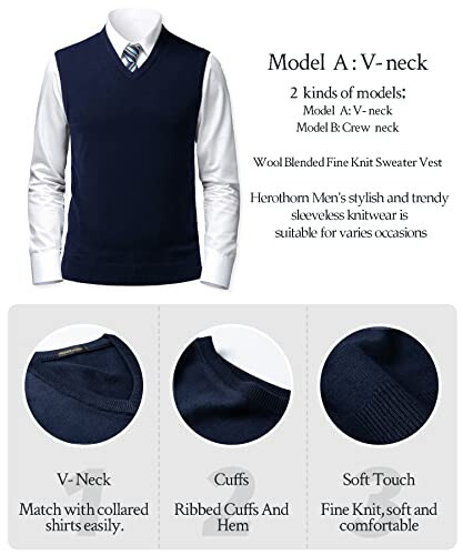 Herothorn Mens Soft V Neck Crew Neck Knitted Sweater Vest Solid Sleeveless Pullover Slim Fit Plain Color for Dad Husband - 5