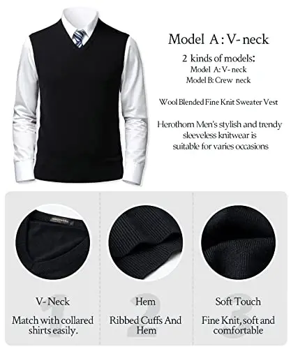 Herothorn Mens Soft V Neck Crew Neck Knitted Sweater Vest Solid Sleeveless Pullover Slim Fit Plain Color for Dad Husband - 5