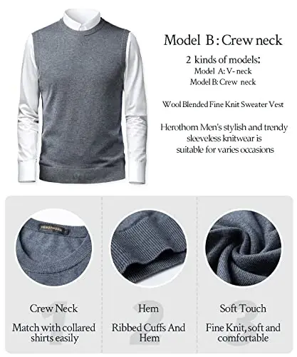 Herothorn Mens Soft V Neck Crew Neck Knitted Sweater Vest Solid Sleeveless Pullover Slim Fit Plain Color for Dad Husband - 5