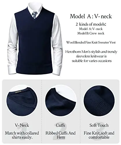 Herothorn Mens Soft V Neck Crew Neck Triko Jilet Solidsiz Yengsiz Pullover Slim Fit Tek Rang Ota Er uchun - HEROTHORN (1)