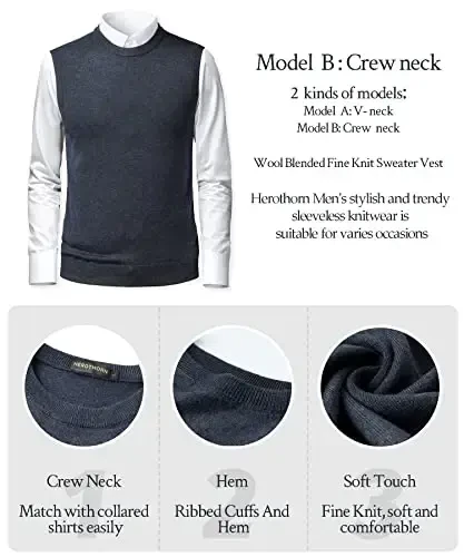 Herothorn Mens Soft V Neck Crew Neck Trikotajli Jilet Solid Yengsiz Pullover Slim Fit Oddiy Rang ota Er uchun - 5