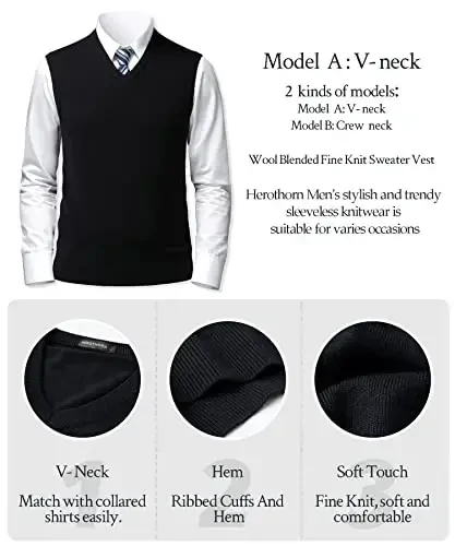 Herothorn Mens yumshoq V bo'yinli tor bo'yinli trikotaj jilet qattiq yengsiz kozok Slim Fit Ota Eri uchun tekis rang - 5