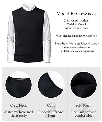 Herothorn Mens yumshoq V-bo'yinli torli trikotaj sviter jilet Qattiq yengsiz kozok Slim Fit Ota er uchun tekis rang - 5