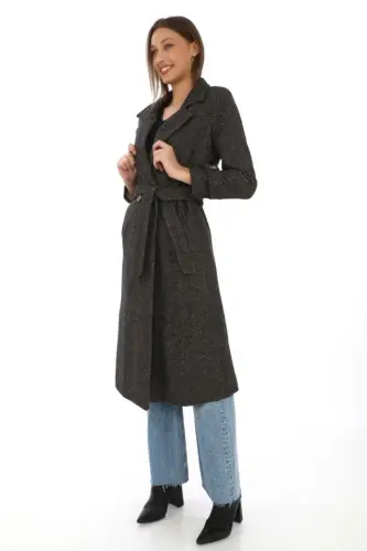 Herringbone Cashmere Coat - Long Double Breasted Collar Belted Lined Winter Modest Coat, Wool Woven Cashmere Fabric, Pocketed Comfortable Oversize Fit Elegant Modern Coat Model (Suitable For Daily And Special Day Combinations) - Brown - BÜYÜKBEDENIZ (1)