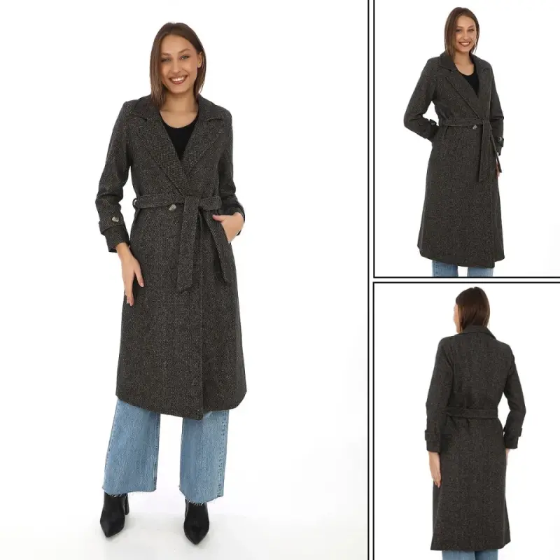 Herringbone Cashmere Coat - Long Double Breasted Collar Belted Lined Winter Modest Coat, Wool Woven Cashmere Fabric, Pocketed Comfortable Oversize Fit Elegant Modern Coat Model (Suitable For Daily And Special Day Combinations) - Brown - 4