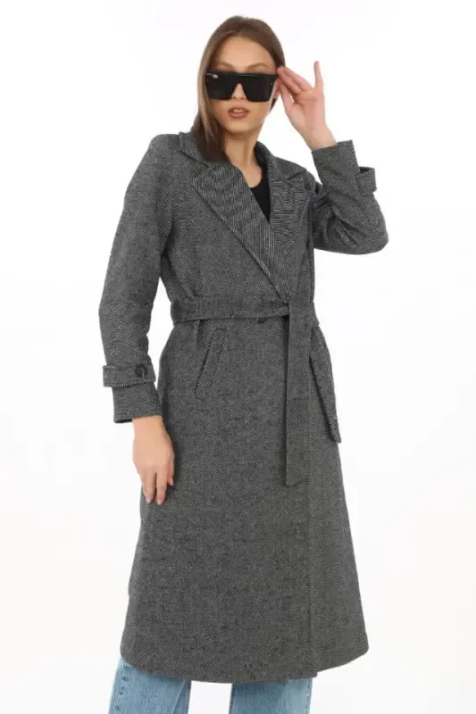 Herringbone Cashmere Coat - Long Double Breasted Collar Belted Lined Winter Modest Coat, Wool Woven Cashmere Fabric, Pocketed Relaxed Oversize Fit Stylish Modern Coat Jacket Model (Suitable For Daily And Special Day Combinations) - Smoked - BÜYÜKBEDENIZ