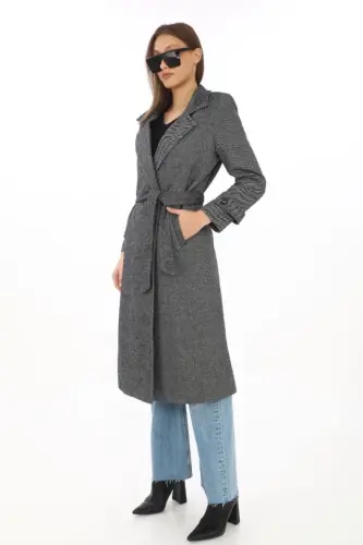 Herringbone Cashmere Coat - Long Double Breasted Collar Belted Lined Winter Modest Coat, Wool Woven Cashmere Fabric, Pocketed Relaxed Oversize Fit Stylish Modern Coat Jacket Model (Suitable For Daily And Special Day Combinations) - Smoked - BÜYÜKBEDENIZ (1)