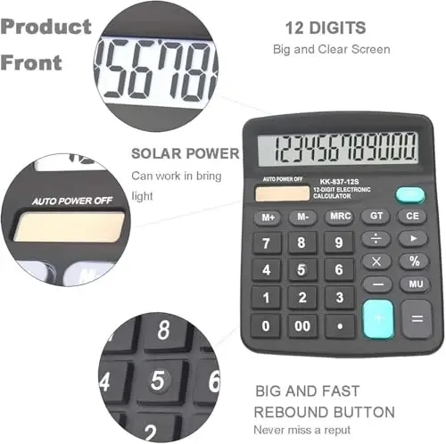 BESTWYA Calculators, Large Button Calculator with Angled LCD Display 12-Digit Dual Power Handheld Desktop Feature for Office, School, Home(Black, Pack of 5) 