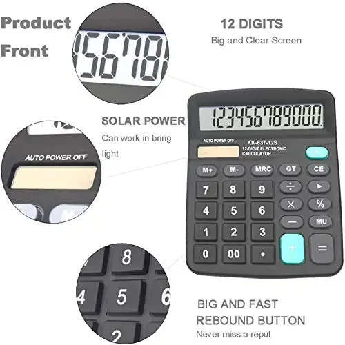 Calculators, BESTWYA 12-Digit Dual Power Handheld Desktop Calculator with Large LCD Display Big Sensitive Button (Black, Pack of 6) - BESTWYA (1)