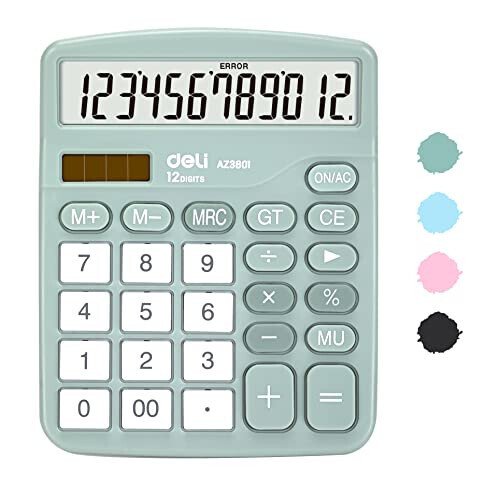 Calculator, Deli Standard Function Desktop Calculators with 12 Digit Large LCD Display and Sensitive Button, Solar Battery Dual Power Office Calculator, Green - deli