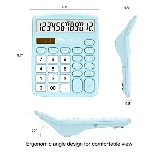 Calculator, Deli Standard Function Desktop Calculators with 12 Digit Large LCD Display and Sensitive Button, Solar Battery Dual Power Office Calculator, Blue - 2
