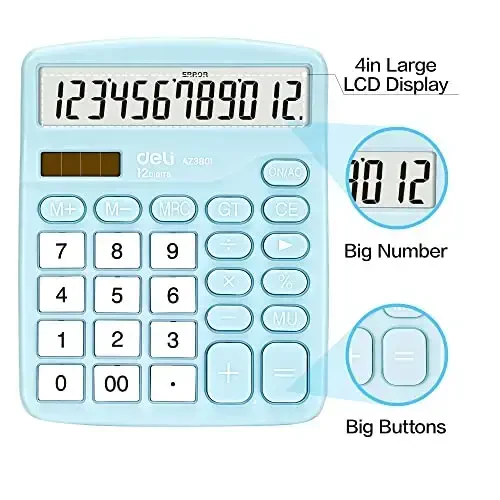 Calculator, Deli Standard Function Desktop Calculators with 12 Digit Large LCD Display and Sensitive Button, Solar Battery Dual Power Office Calculator, Blue - 3