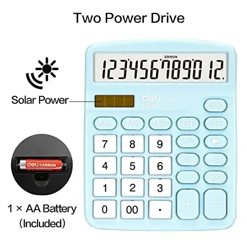 Calculator, Deli Standard Function Desktop Calculators with 12 Digit Large LCD Display and Sensitive Button, Solar Battery Dual Power Office Calculator, Blue - 4