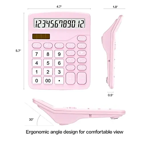 Calculator, Deli Standard Function Desktop Calculators with 12 Digit Large LCD Display and Sensitive Button, Solar Battery Dual Power Office Calculator, Pink - DELI (1)