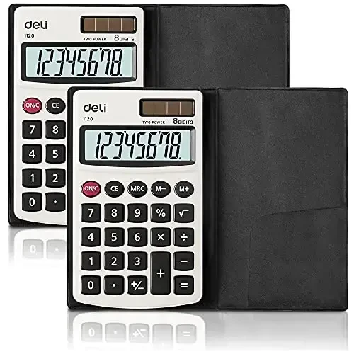 Calculator, Deli Standard Function Basic Calculators, Solar Battery Dual Power Office Calculator with Cover, Metal Panel, 2 Pack 