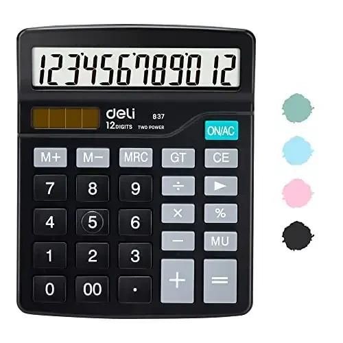 Calculator, Deli Standard Function Desktop Calculators with 12 Digit Large LCD Display and Sensitive Button, Solar Battery Dual Power Office Calculator, Black - 1