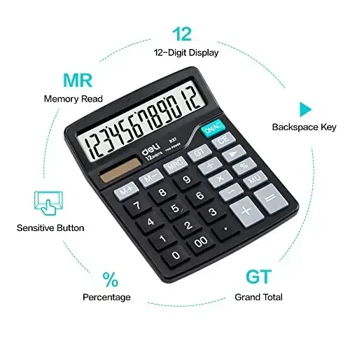 Calculator, Deli Standard Function Desktop Calculators with 12 Digit Large LCD Display and Sensitive Button, Solar Battery Dual Power Office Calculator, Black - 6
