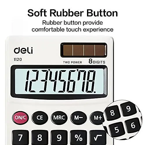 Calculator, Deli Standard Function Basic Calculators, Solar Battery Dual Power Office Calculator with Cover, Metal Panel - 5