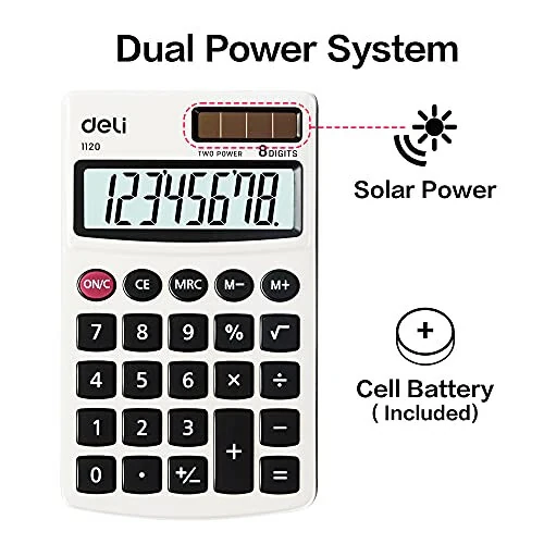 Calculator, Deli Standard Function Basic Calculators, Solar Battery Dual Power Office Calculator with Cover, Metal Panel - 6